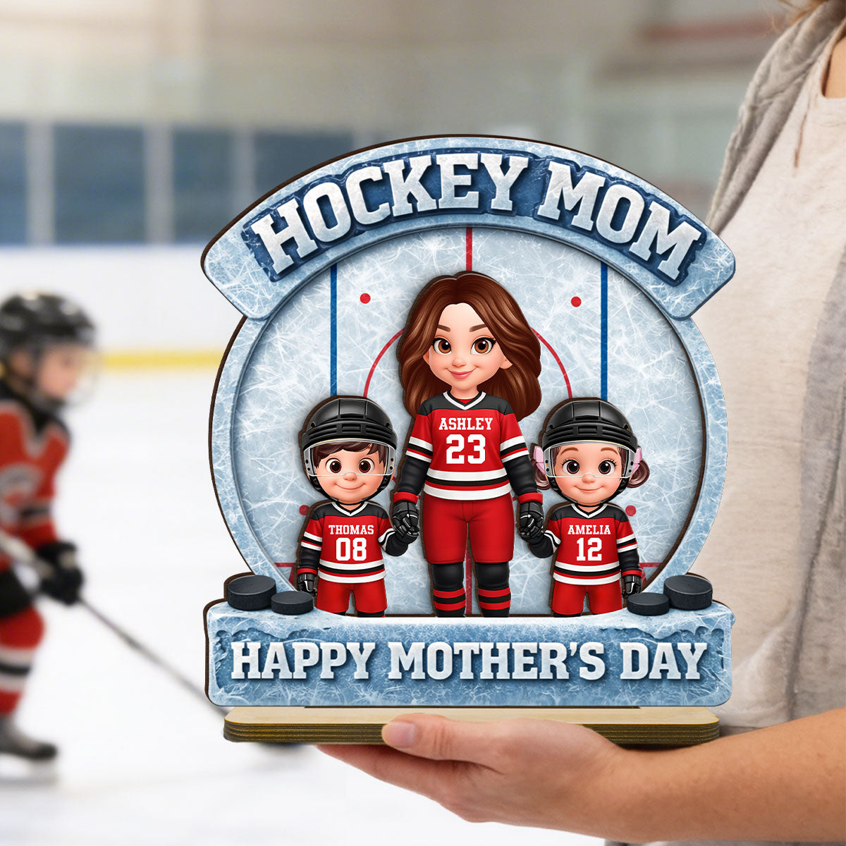 Hockey Mom Front View And Kids - Personalized 2-Layered Wooden Plaque - Mother's Day Gift For Hockey Mom, Gift For Wife