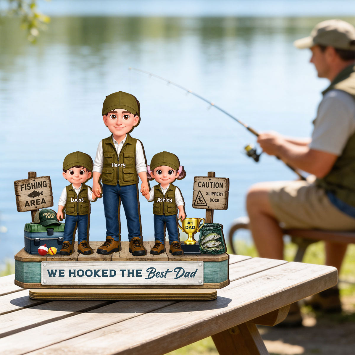 Fishing Dad And Kids We Hooked The Best Dad - Personalized 2-Layered Wooden Plaque - Heartfelt Gift For Dad, Gift For Husband