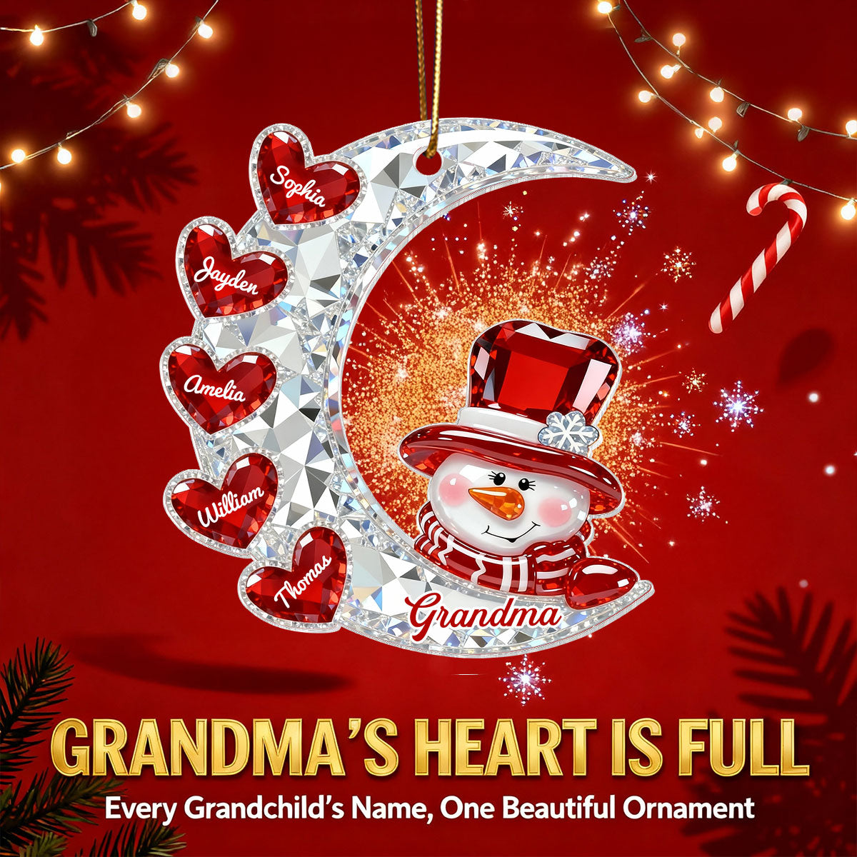 3D Effect Flat Snowman Grandma On Moon Grandkids Hearts Names - Personalized Acrylic Ornament - Gift For Grandma, Grandkids