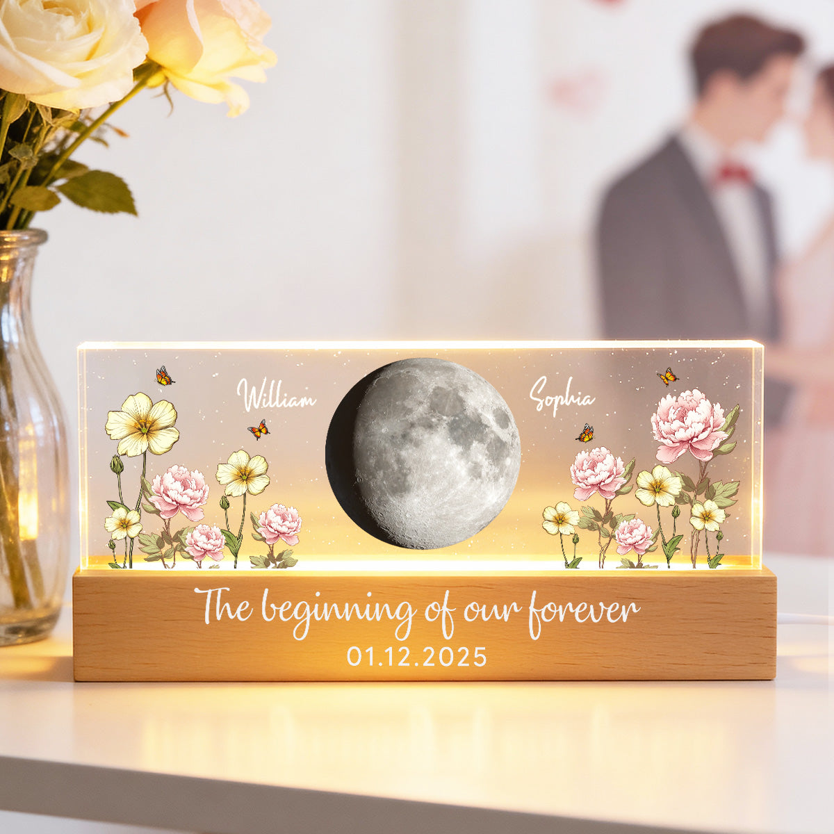 Custom Couple Birth Month Flowers Our Moon Custom Moon Phase Art - Personalized Acrylic Block Plaque LED Night Light - Gift For Couple