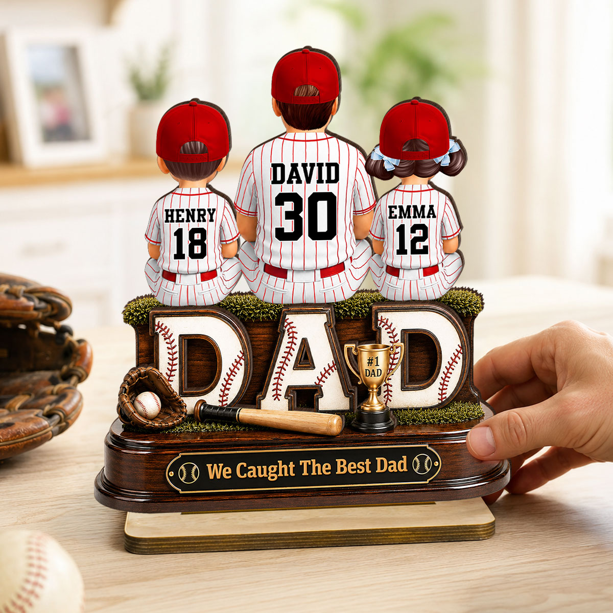 Baseball Dad and Children We Caught the Best Dad - Personalized 2-Layered Wooden Plaque -  Gift for Dad, Husband