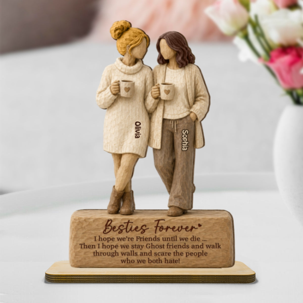 Besties Forever Coffee Date Girls 2D Flat - Personalized 2-Layered Wooden Plaque - Friendship Keepsake