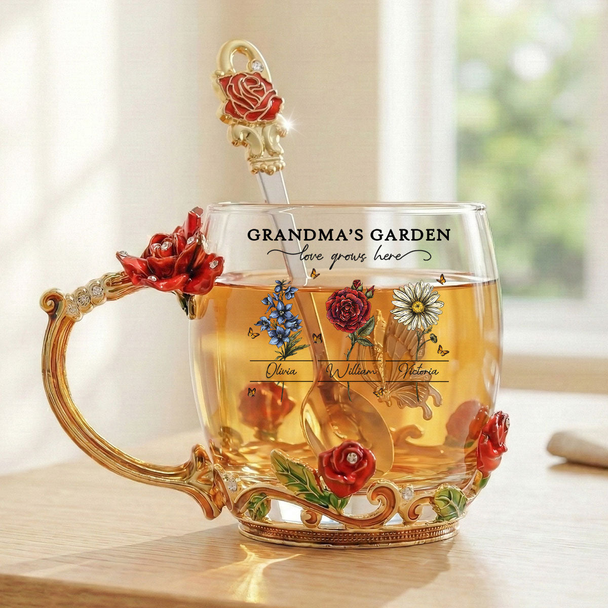 Vintage Grandma Garden Custom Birth Month Flowers - Personalized Enamel Flower Tea Cup - Gift For Grandma, Mom