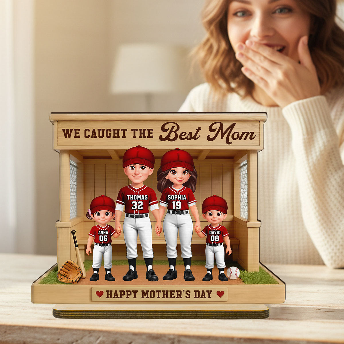 Baseball Softball Dugout We Caught The Best Mom - Personalized 2-Layered Wooden Plaque - Mother's Day Gift For Baseball Mom, Wife