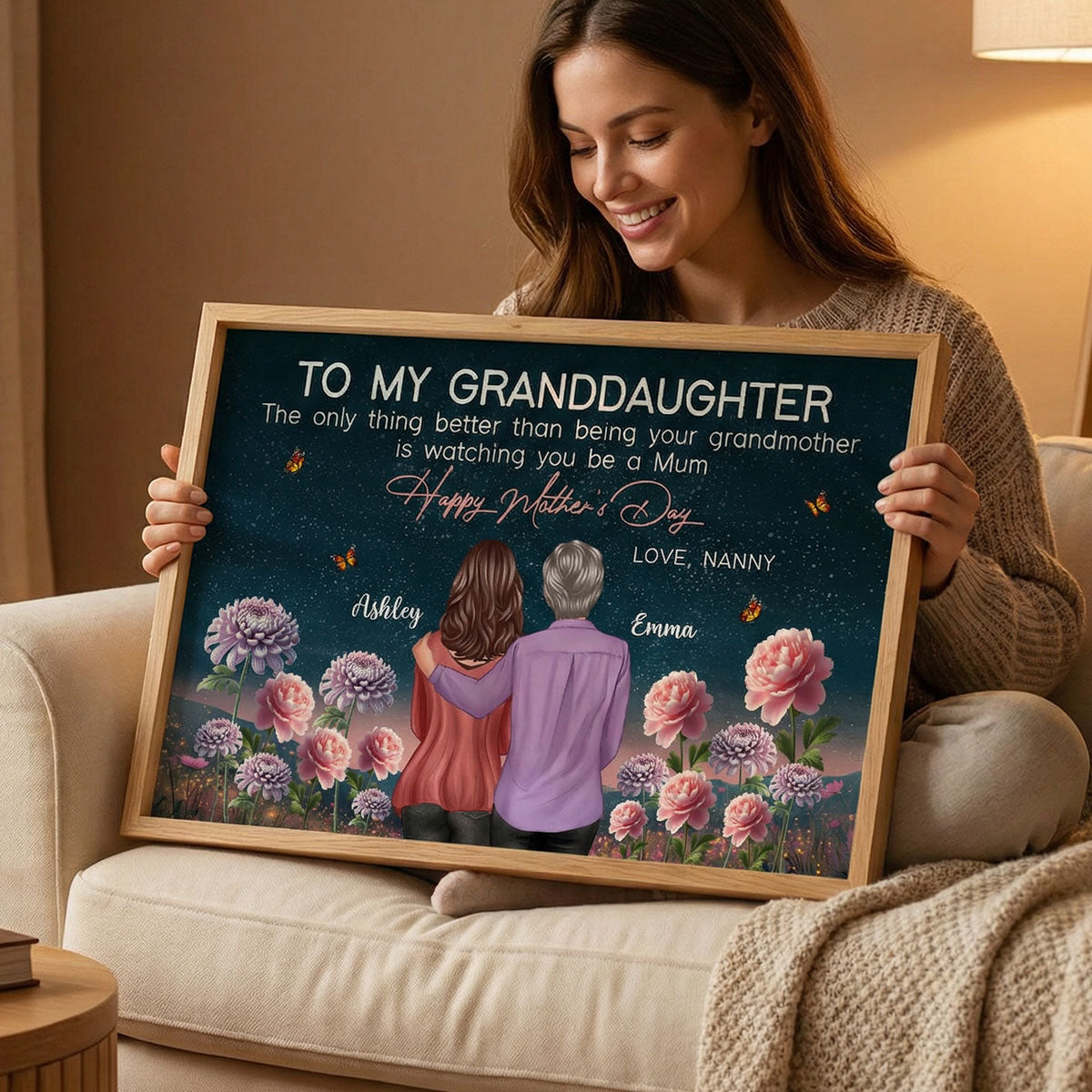 From Nanny To My Granddaughter Birth Month Flower Beautiful Hill At Night - Personalised Poster - Mother's Day Gift for Granddaughter