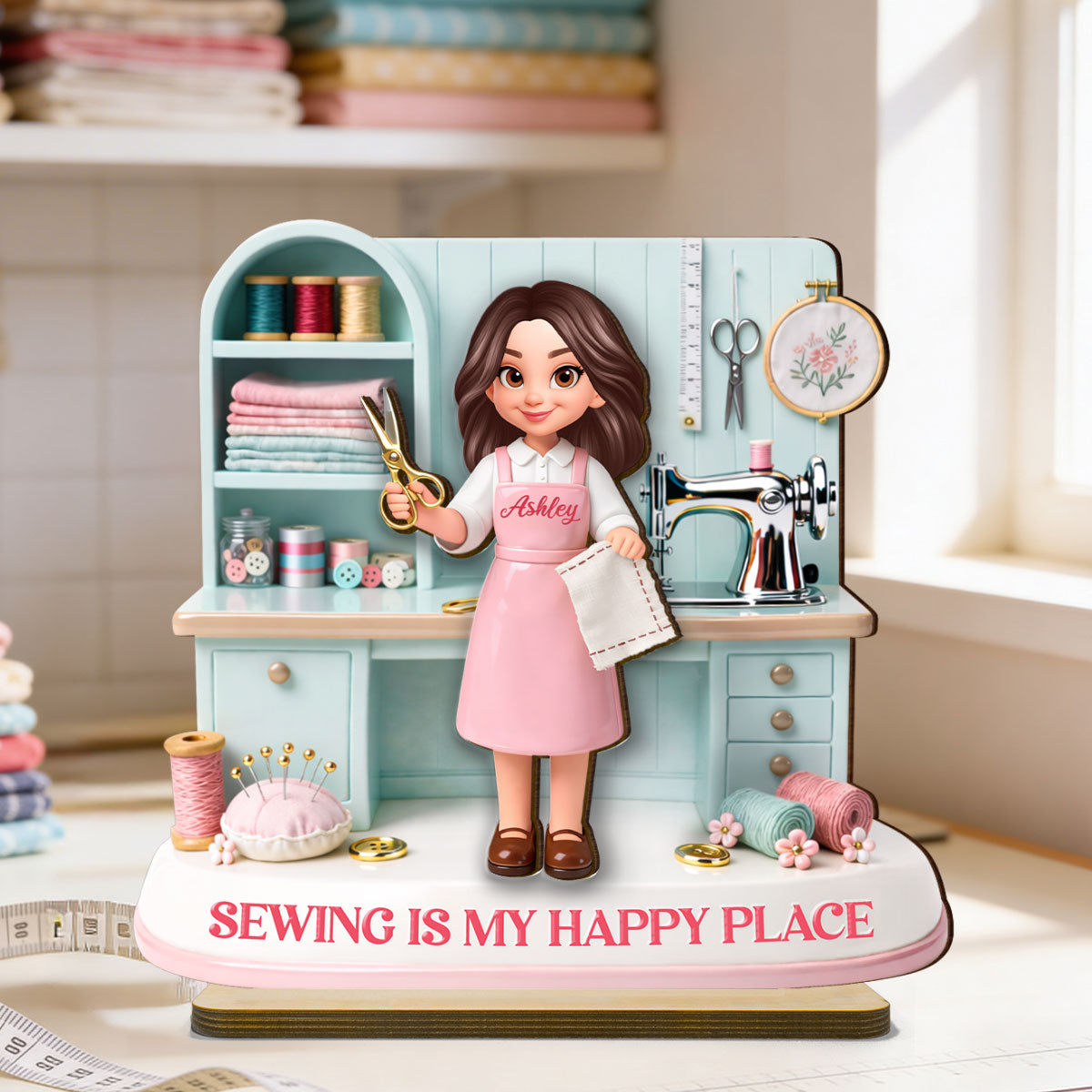 Sewing Is My Happy Place - Personalized 2-Layered Wooden Plaque - Gift For Mom, Grandma