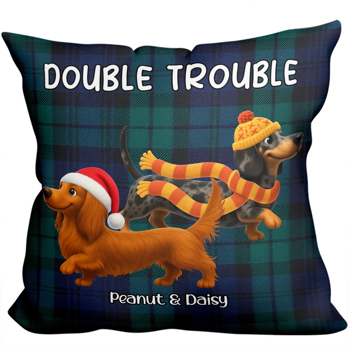 Christmas Dachshunds Double Trouble - Personalized Pillow - Gift For Dachshund Lovers