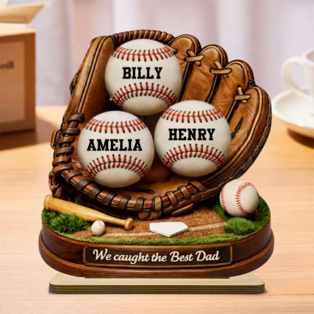 We Caught the Best Dad Baseball Softball - Personalized 2-Layered Wooden Plaque - Heartfelt Gift for Dad