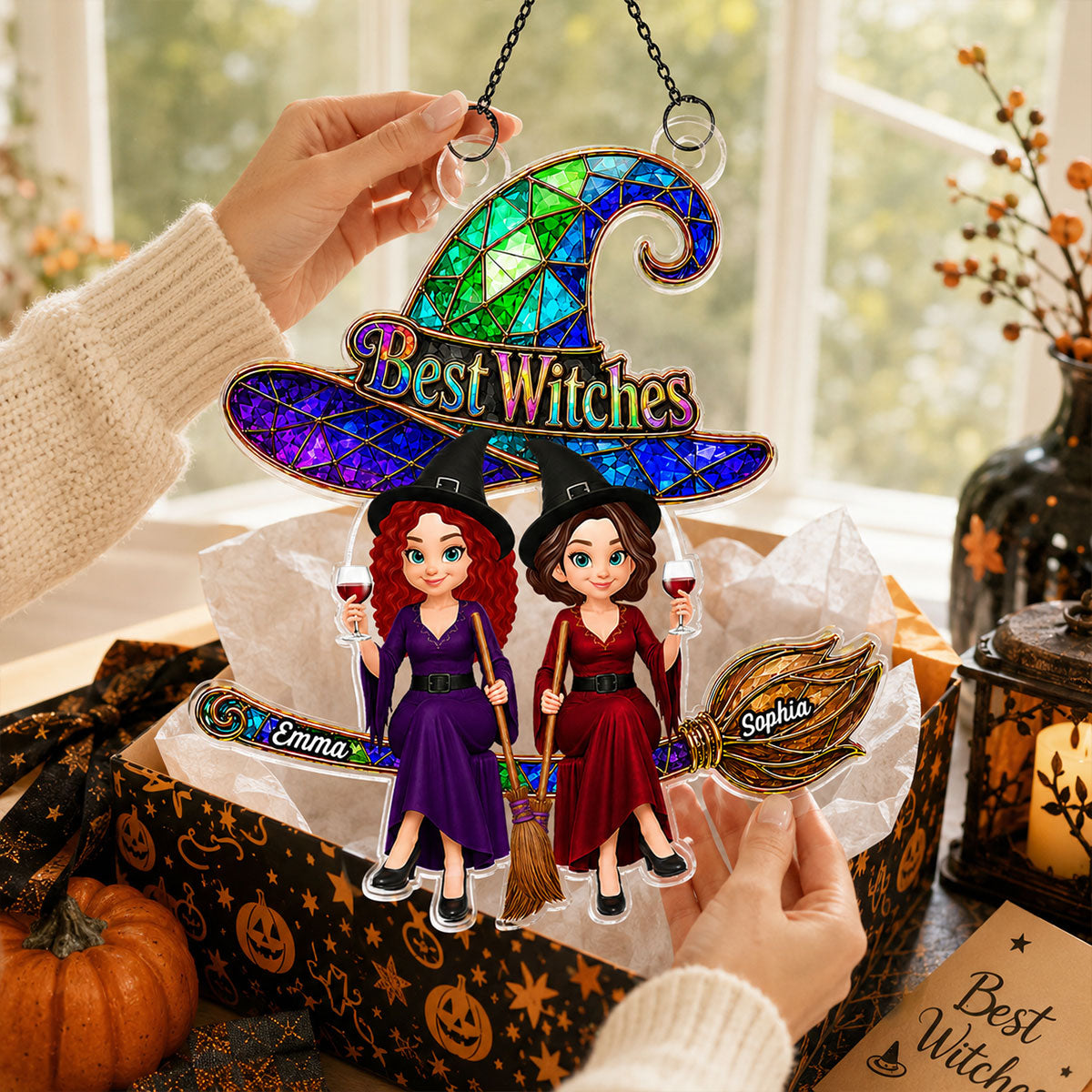 Trending Witches Sitting On Broom - Personalized Acrylic Window Hanging - Halloween Decoration For Besties, Girls