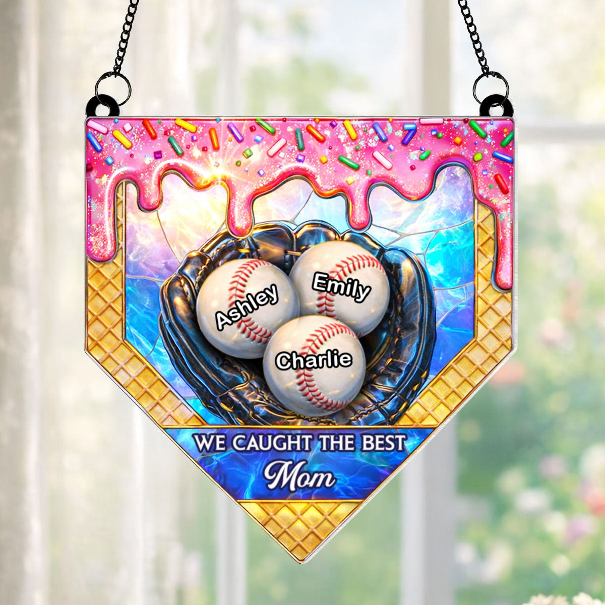 Icecream Drip Baseball We Caught the Best Mom - Personalized Suncatcher - Mother's Day Gift for Mom, Wife