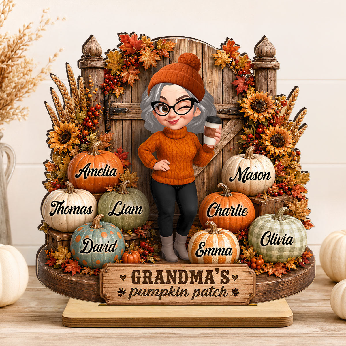 Grandma's Pumpkin Patch Rustic Farmhouse - Personalized 2-Layered Wooden Plaque - Fall Decor for Grandma