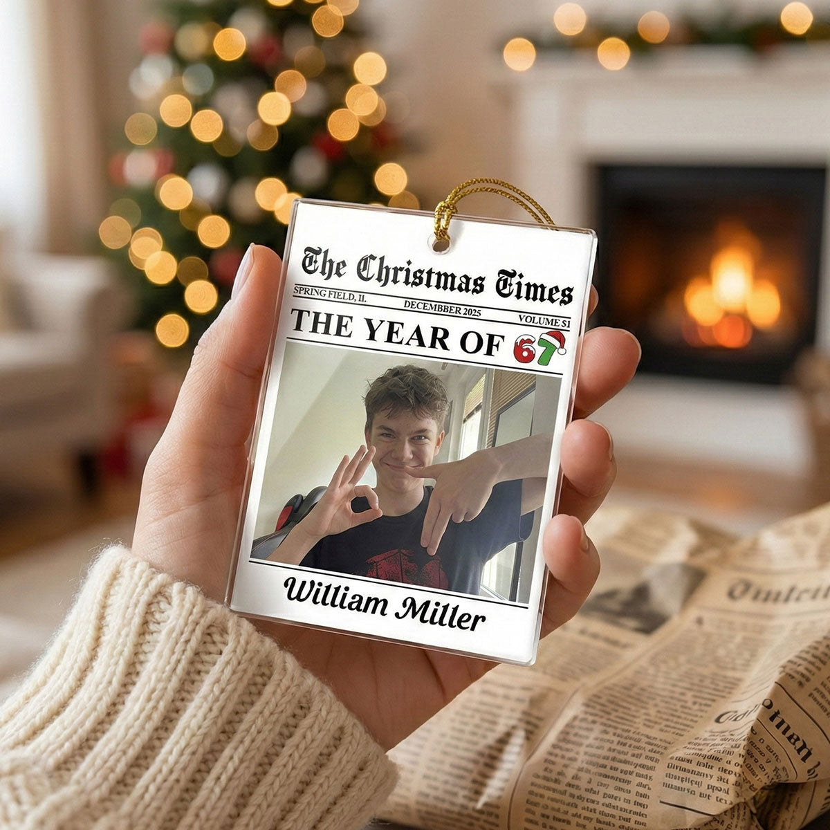 Custom Photo Newspaper Style 2025 Trending Slang Christmas 67 Six Seven - Personalized Acrylic Ornament - Funny Christmas Gift For Teen, Grandkid, Gen Alpha