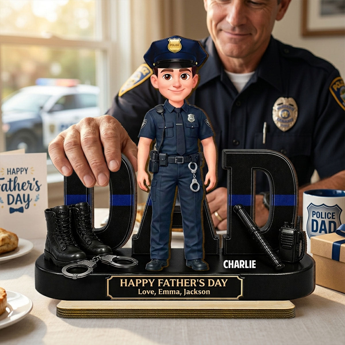 Proud American Police Officer Dad - Personalized 2-Layered Wooden Plaque -  Gift For Dad