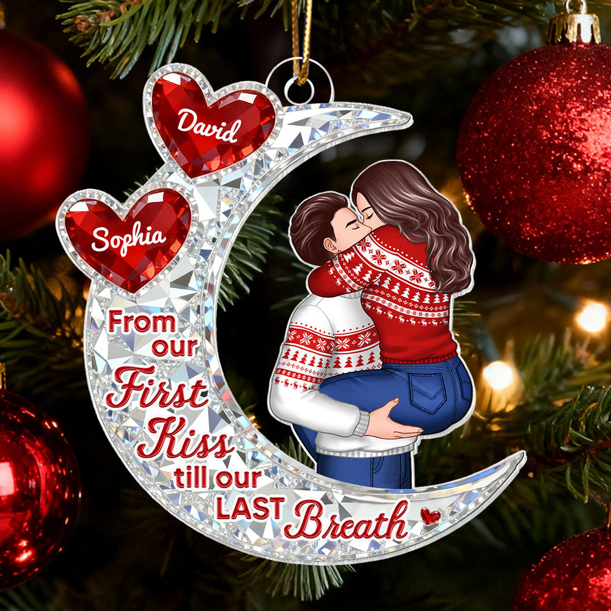 3D Effect Flat Moon Couple Hugging Kissing - Personalized Acrylic Ornament - Gift For Couple, Gift For Him, For Her