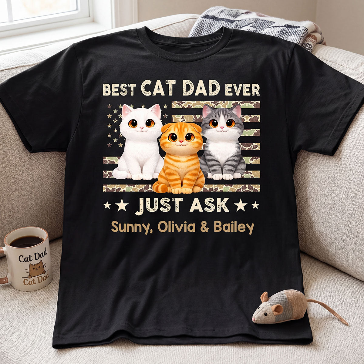 Best Cat Dad Ever Trendy Camouflage Pattern Nation Flag  - Personalized Shirt - Father's Day Gift For Cat Dad, Cat Lovers