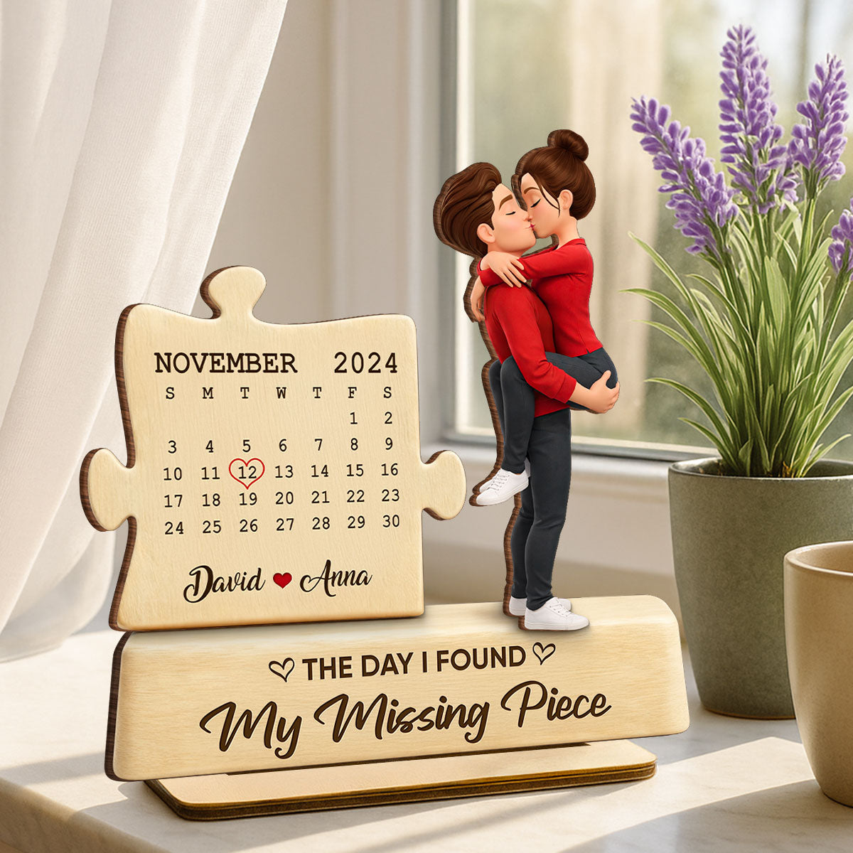 The Missing Piece Couple Kissing - Personalized 2-Layered Wooden Plaque - Anniversary, Valentine's Day Gift, Gift For Him, Gift For Her