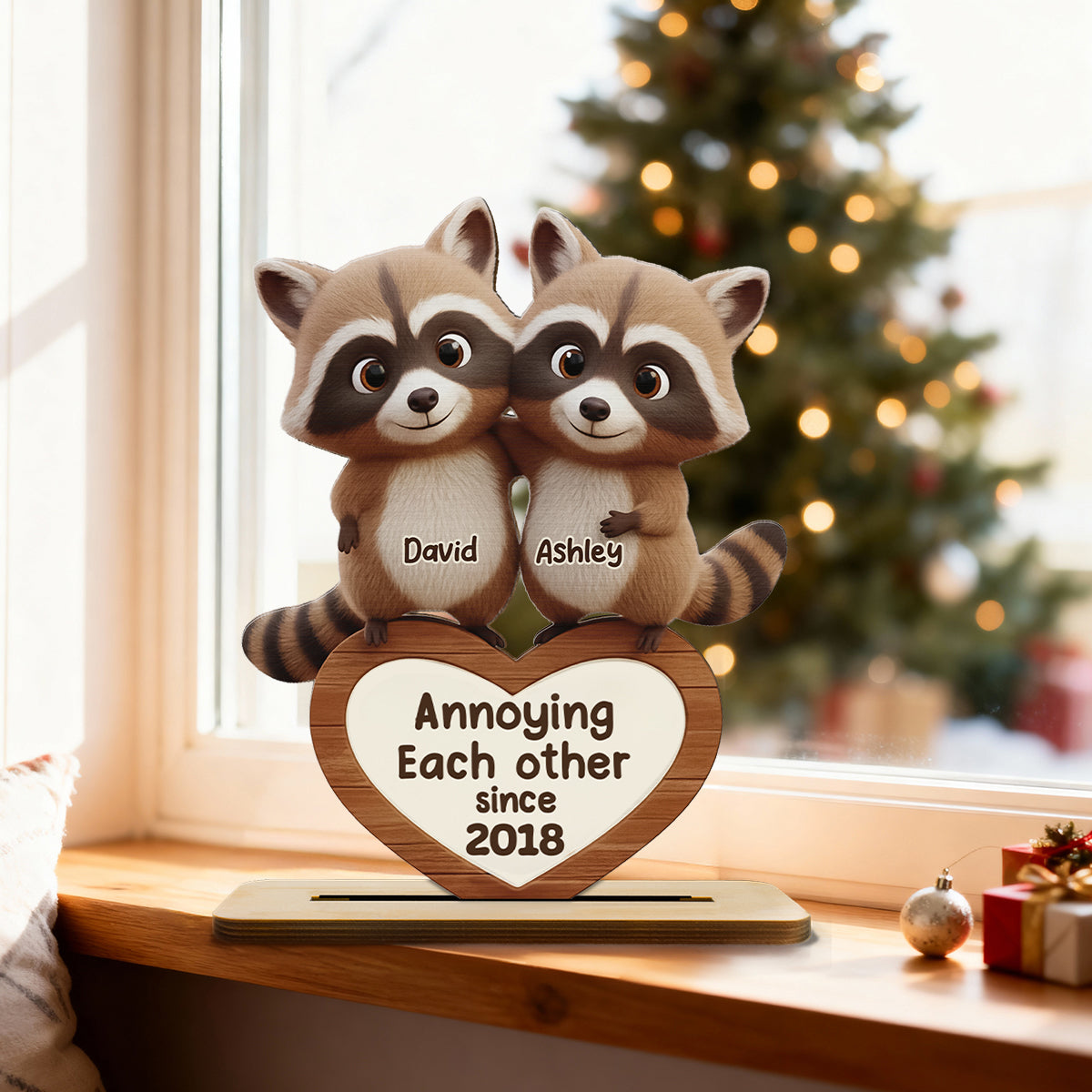 Raccoon Couple Annoying Each Other - Personalized Standing Wooden Plaque - Gift for Couple, Gift for him, Gift for her