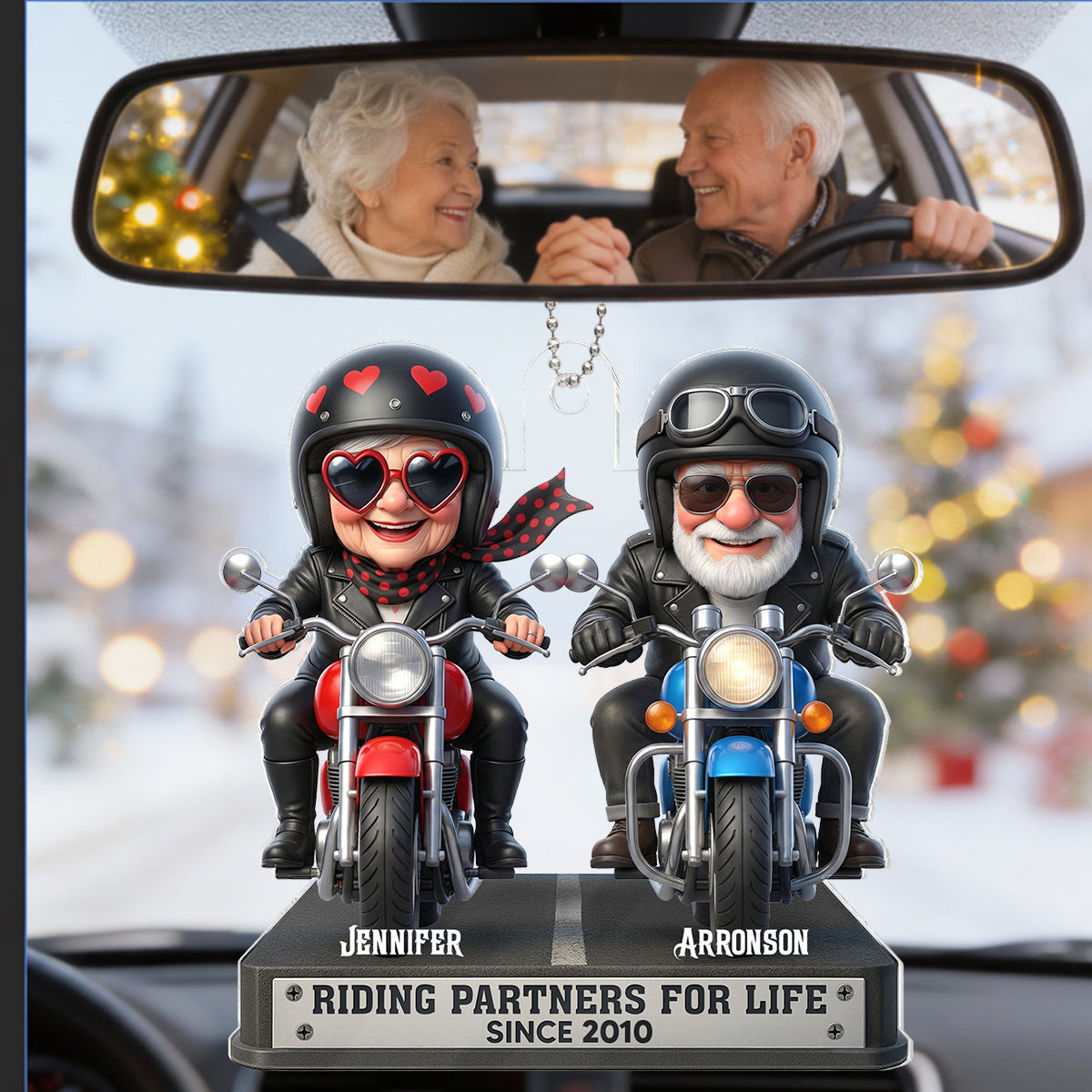 Old Biker Couple Riding Partners for Life - Personalized Acrylic Car Hanger - Sentimental Gift for her, for him