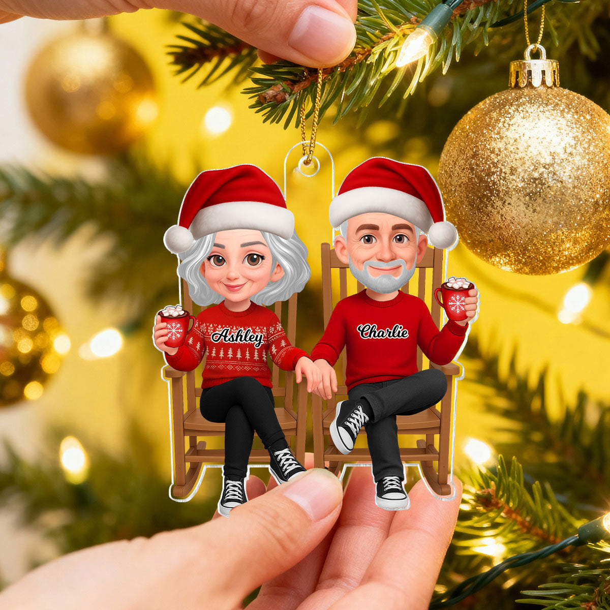 3D Effect Christmas Couple Sitting On Rocking Chair - Personalized Acrylic Ornament - Heartfelt Gift For Couple