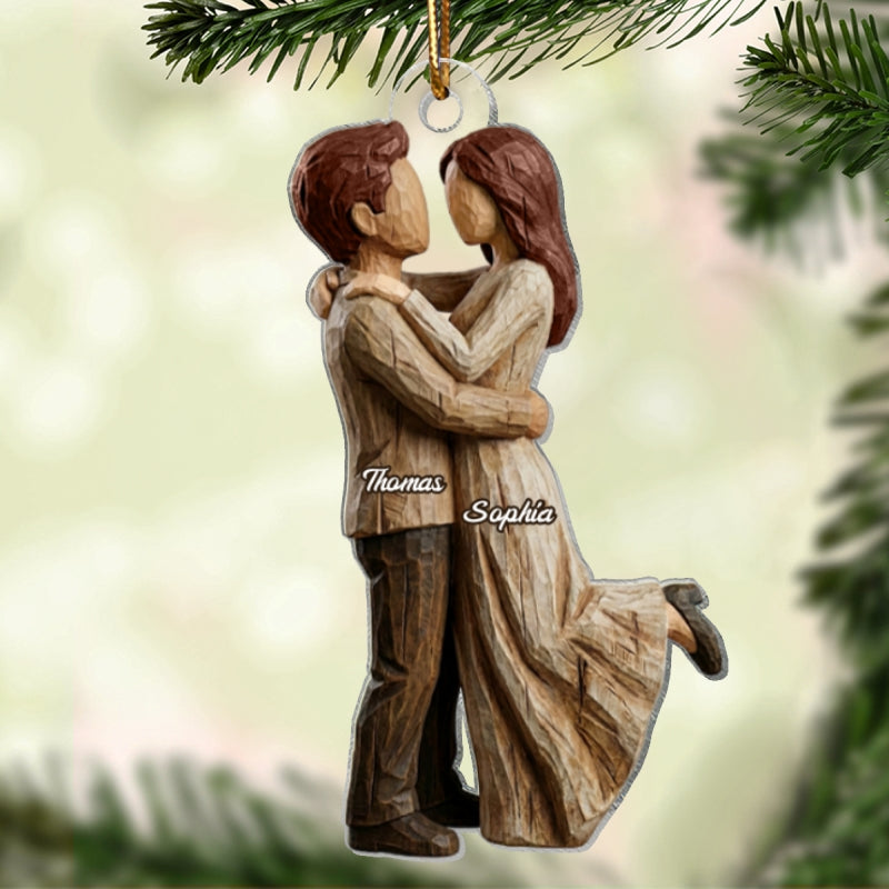 Couple Hugging Faux Wood - Personalized Acrylic Ornament - Heartwarming Christmas Gift For Him, For Her, For Couple