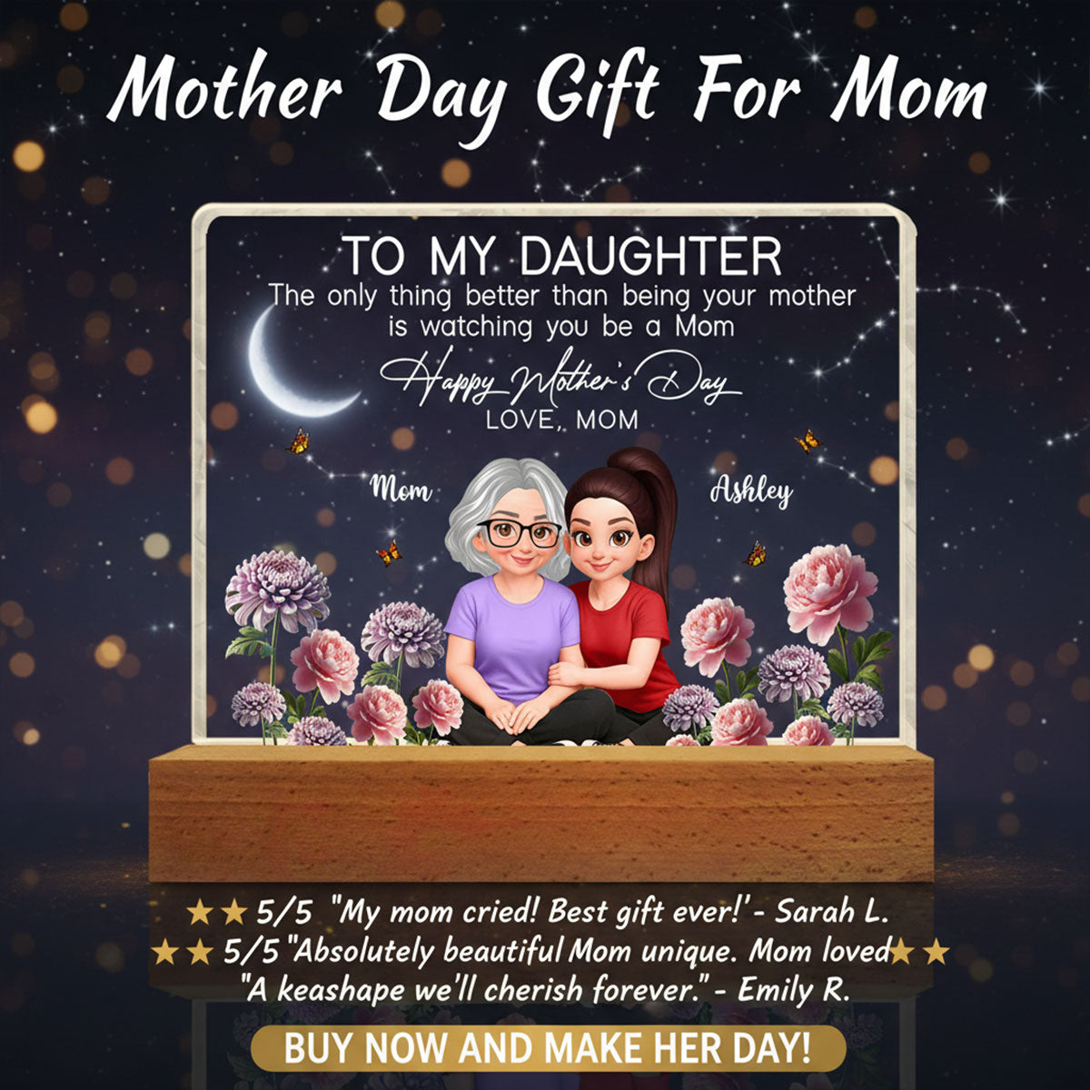 To My Daughter Happy Mother's Day Custom Birth Month Flower - Personalized Acrylic Block LED Plaque - Mother's Day Gift For Daughter