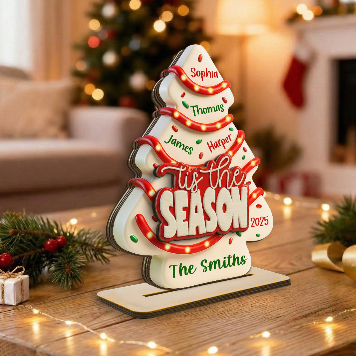 Tis The Season Christmas Tree Cake Family Names - Personalized 2-Layered Wooden Plaque