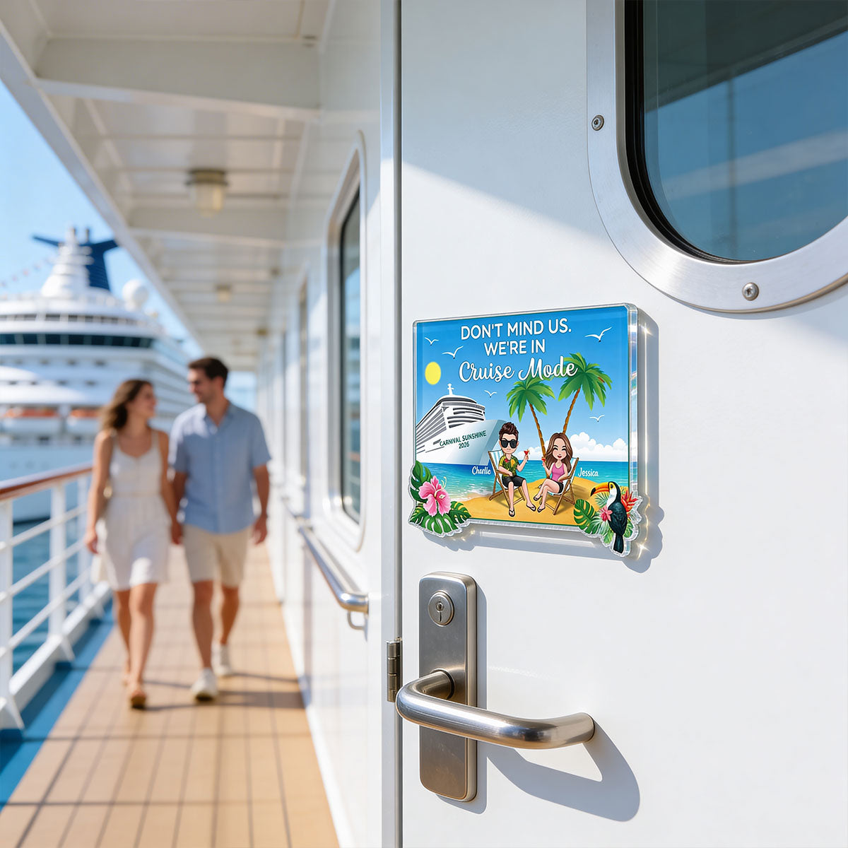 We're In Cruise Mode Doll Couple Sitting On The Beach - Personalized Cruise Ship Door Magnet