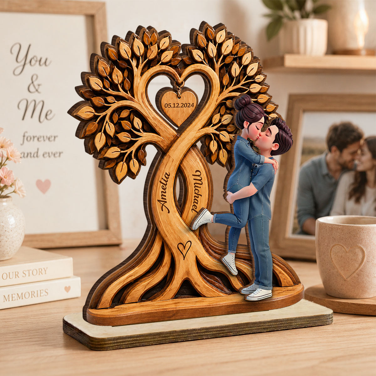 Couple Kissing Under Heart Tree - Personalized 2-Layered Wooden Plaque - Heartfelt Anniversary Gift for Him, for Her