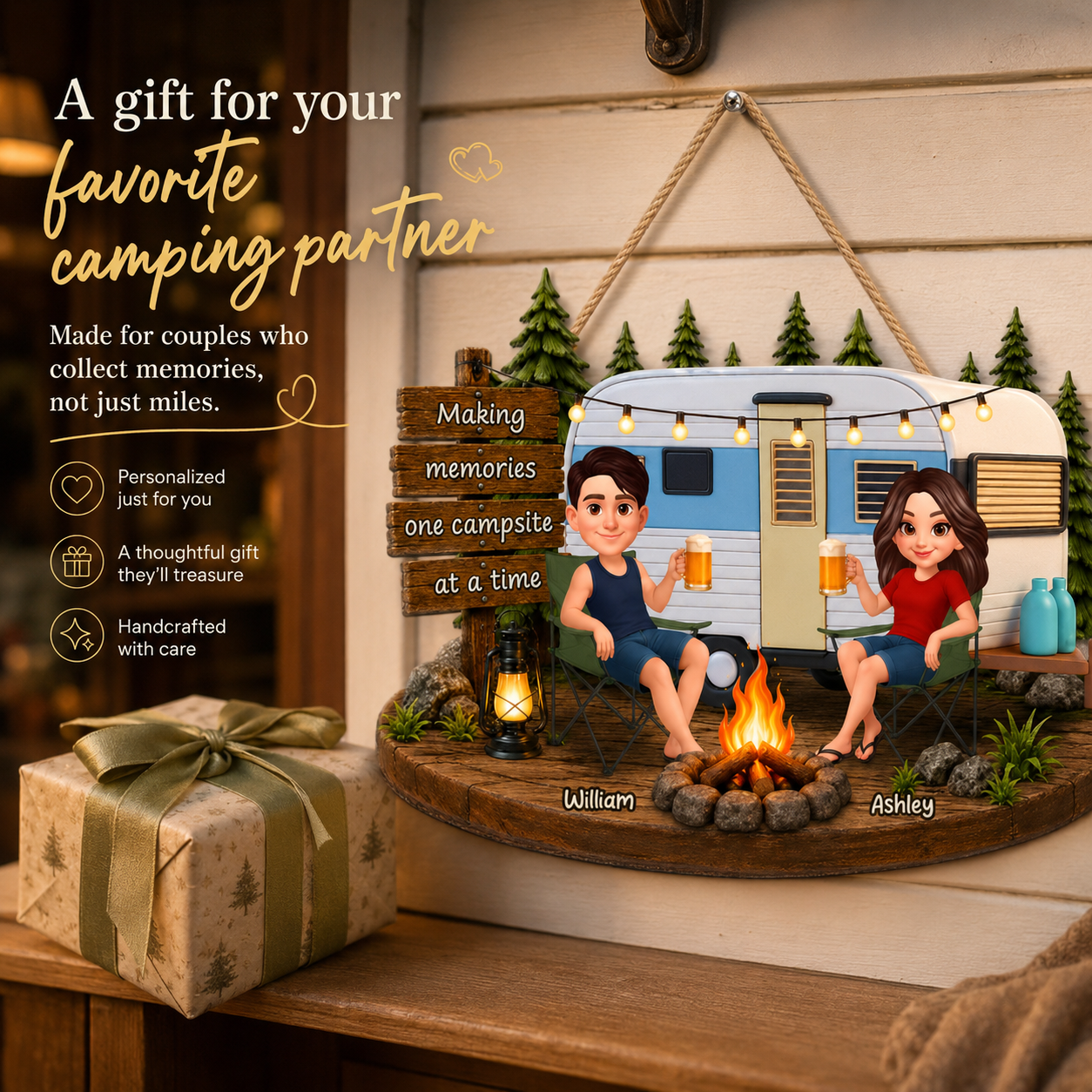 Couple Camping Making Memories - Personalized Wood Sign - Gift For Couple, Campers, Outdoor Campsite Decor