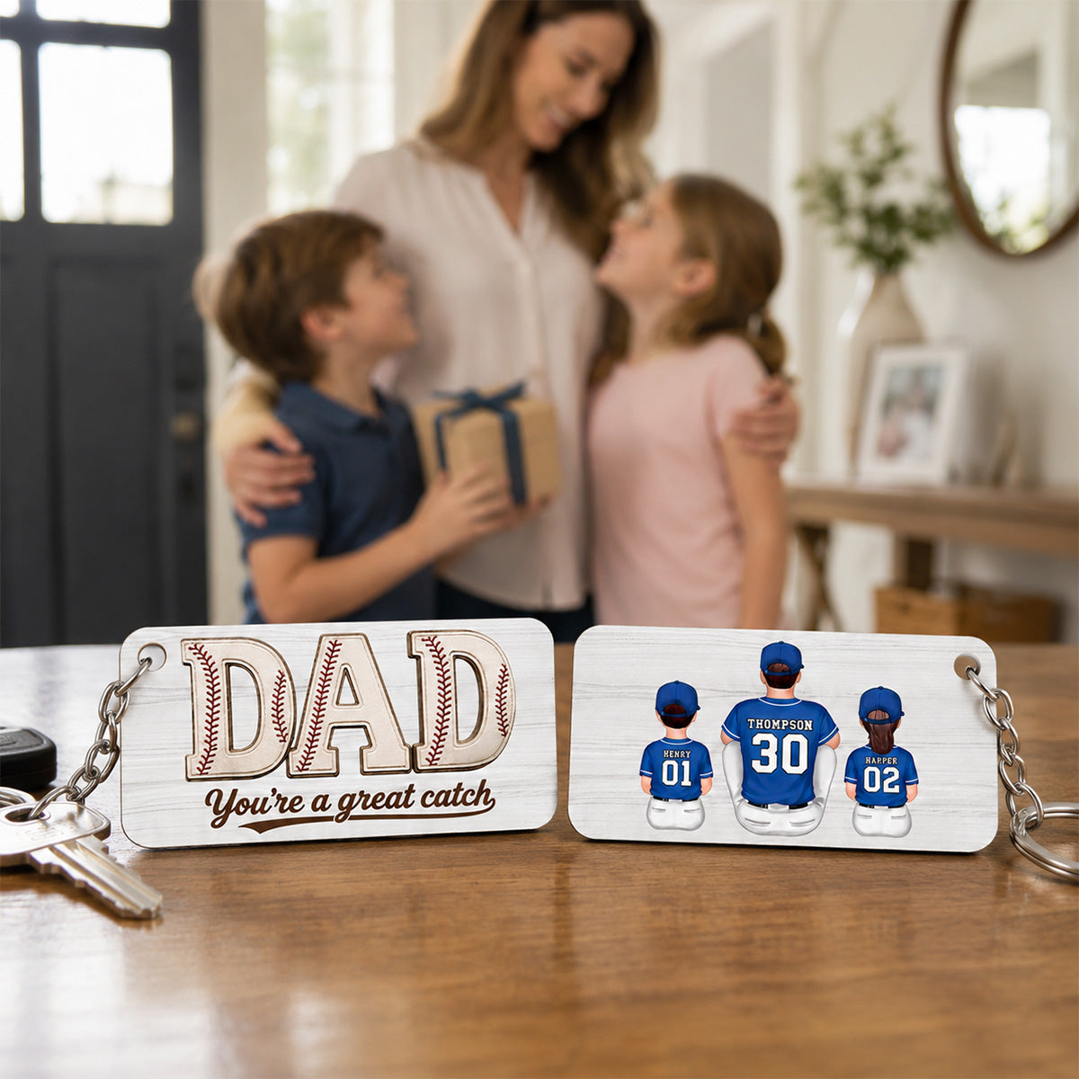 Dad We Love You Baseball Man & Kids Sitting - Personalized Wooden Keychain - Father's Day Gift For Basketball Dad