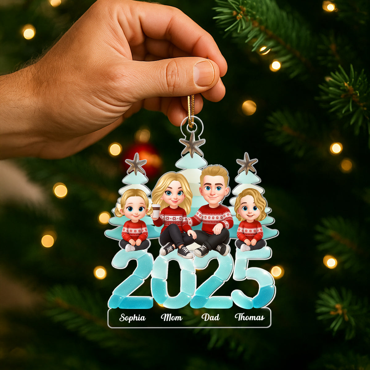 3D Effect Sea Glass Christmas Family Sitting On Text - Personalized Acrylic Ornament