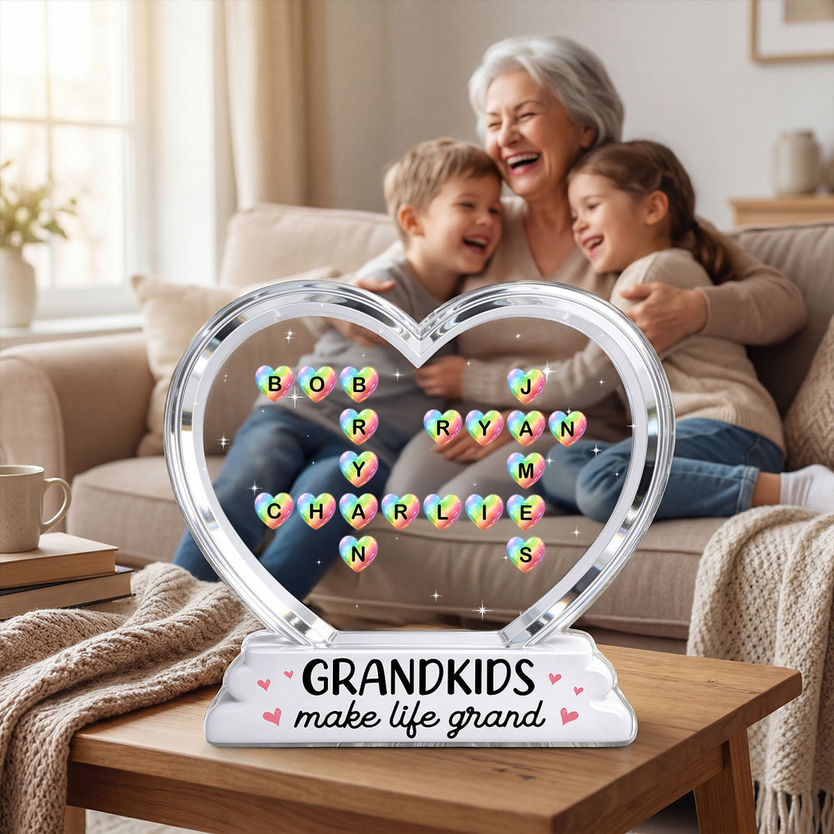 Grandkids Make Life Grand Crossword Puzzle Art Colorful Hearts 2D Flat - Personalized Acrylic Block Plaque - Gift For Grandma