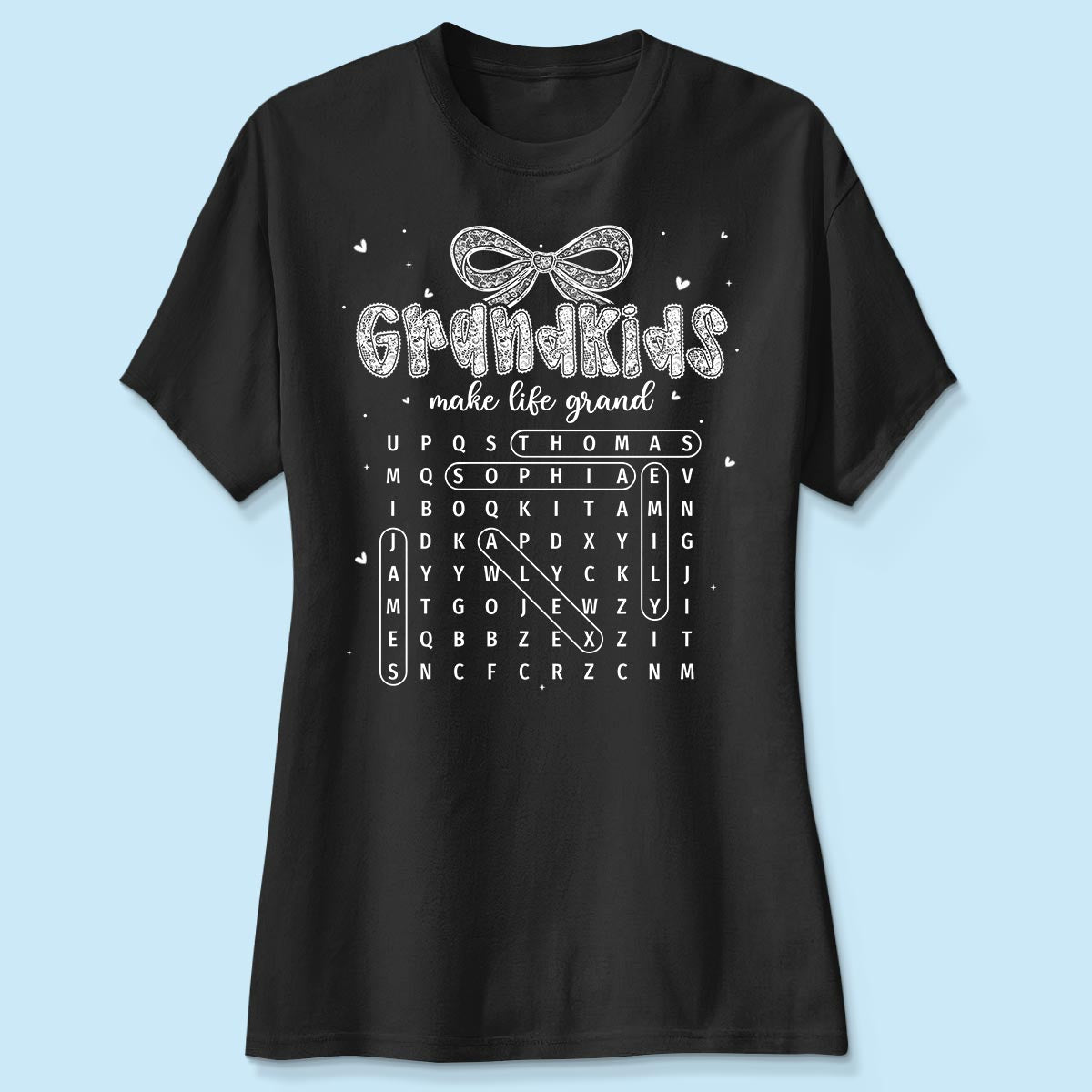 Lace Pattern Grandma Custom Grandkids Names Word Search Puzzle - Personalized Shirt - Gift For Grandma