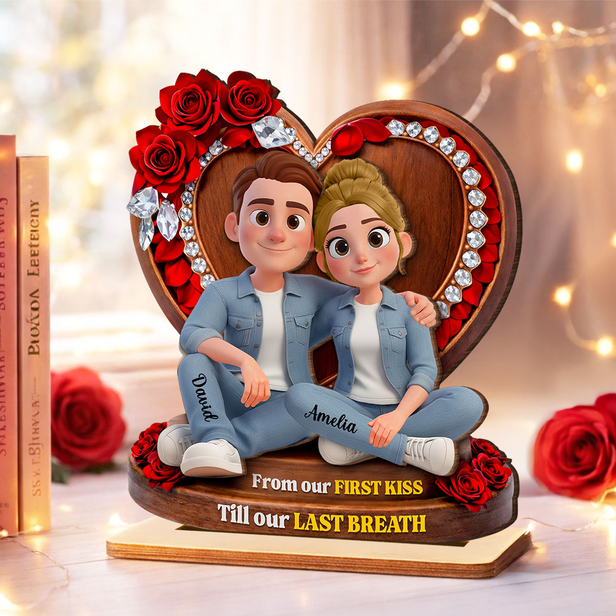 Couple Sitting Rose Heart - Personalized 2-Layered Wooden Plaque - Heartfelt Valentine's Day Gift for Her, for Him