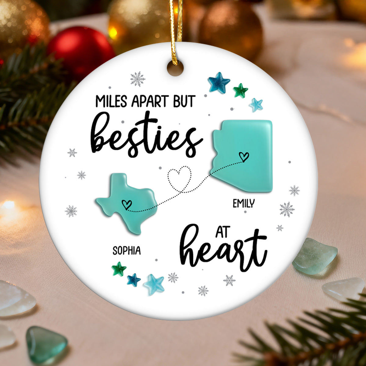 3D Sea Glass Effect Christmas Long Distance State Maps Besties - Personalized Ceramic Ornament