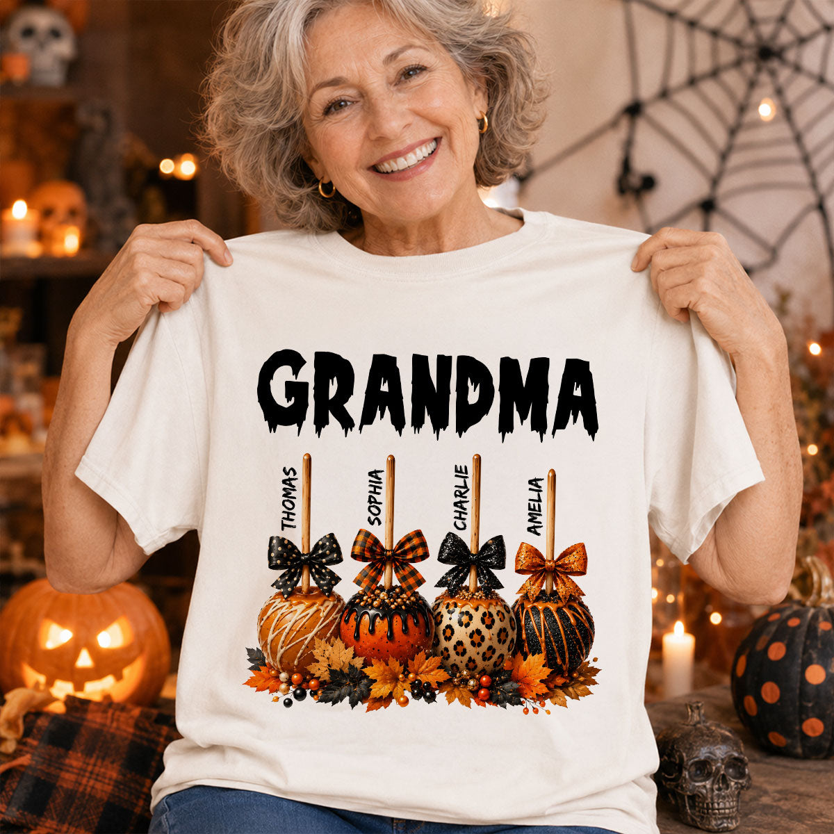 Trending Fall Season Halloween Grandma Fall Caramel Apples Custom Kids Names - Personalized Shirt - Fall Halloween Shirt For Grandma