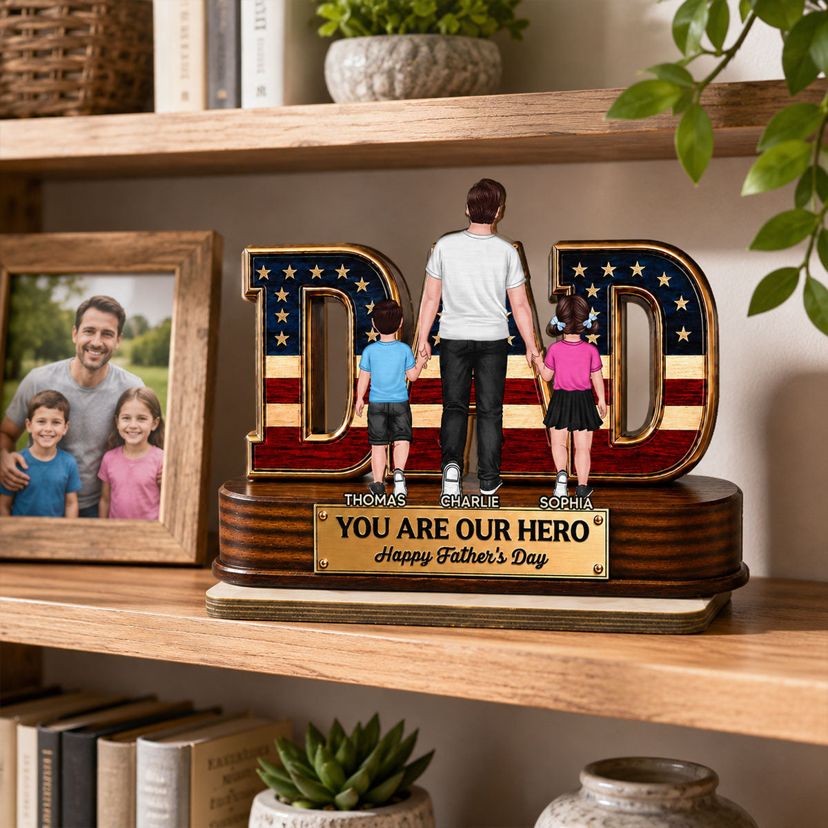 Nation Flag Dad And Kids You Are Our Hero - Personalized 2-Layered Wooden Plaque -  Gift For Dad, Husband