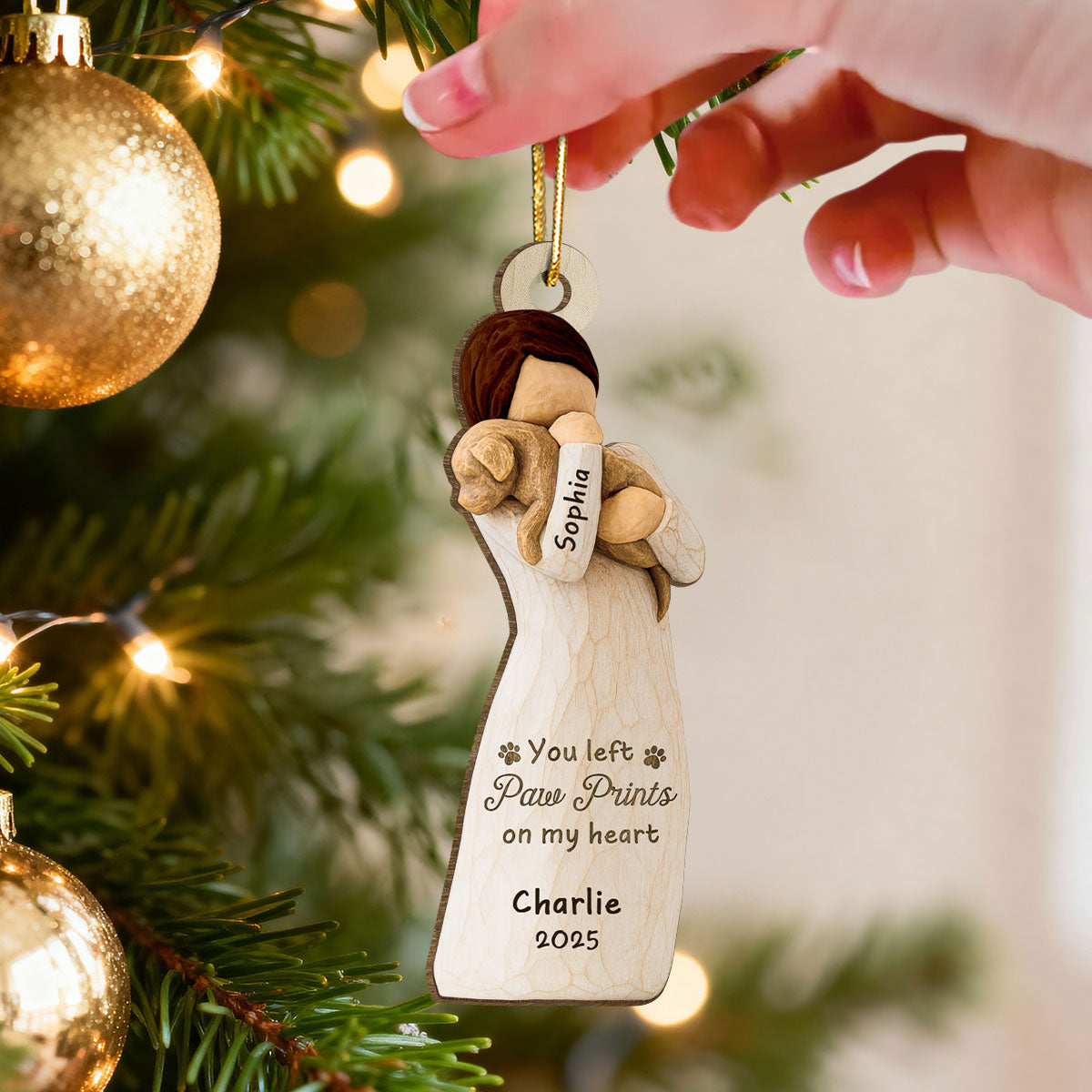 Until We Meet At Rainbow Bridge Woman & Dog 3D Effect - Personalized Wooden Ornament - Memorial Keepsake