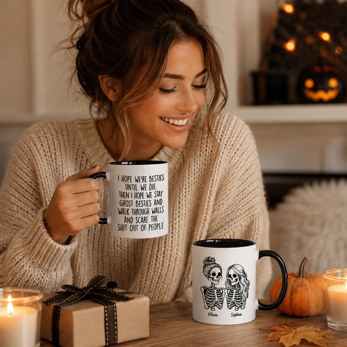 Besties Until We Die Skeleton Besties - Personalized Mug - Funny Work Bestie Gift, Halloween Keepsake For Best Friends
