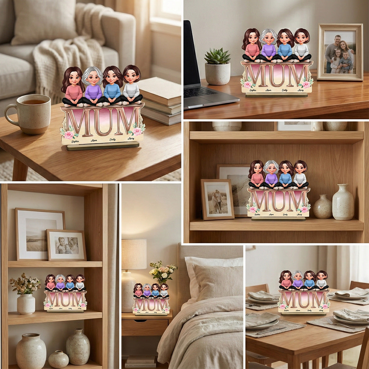 Floral MUM And Daughters Sons - Personalised 2-Layered Wooden Plaque - Gift For Mum