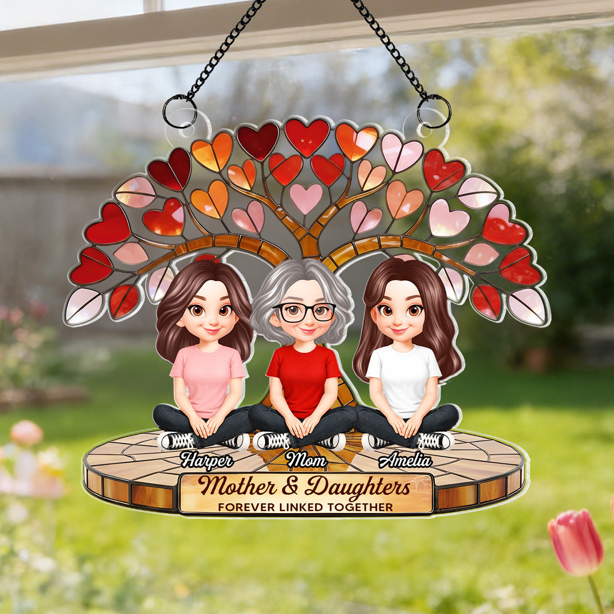 Mom And Son Daughter Under Heart Tree Forever Linked Together - Personalized Suncatcher Ornament - Gift For Mom