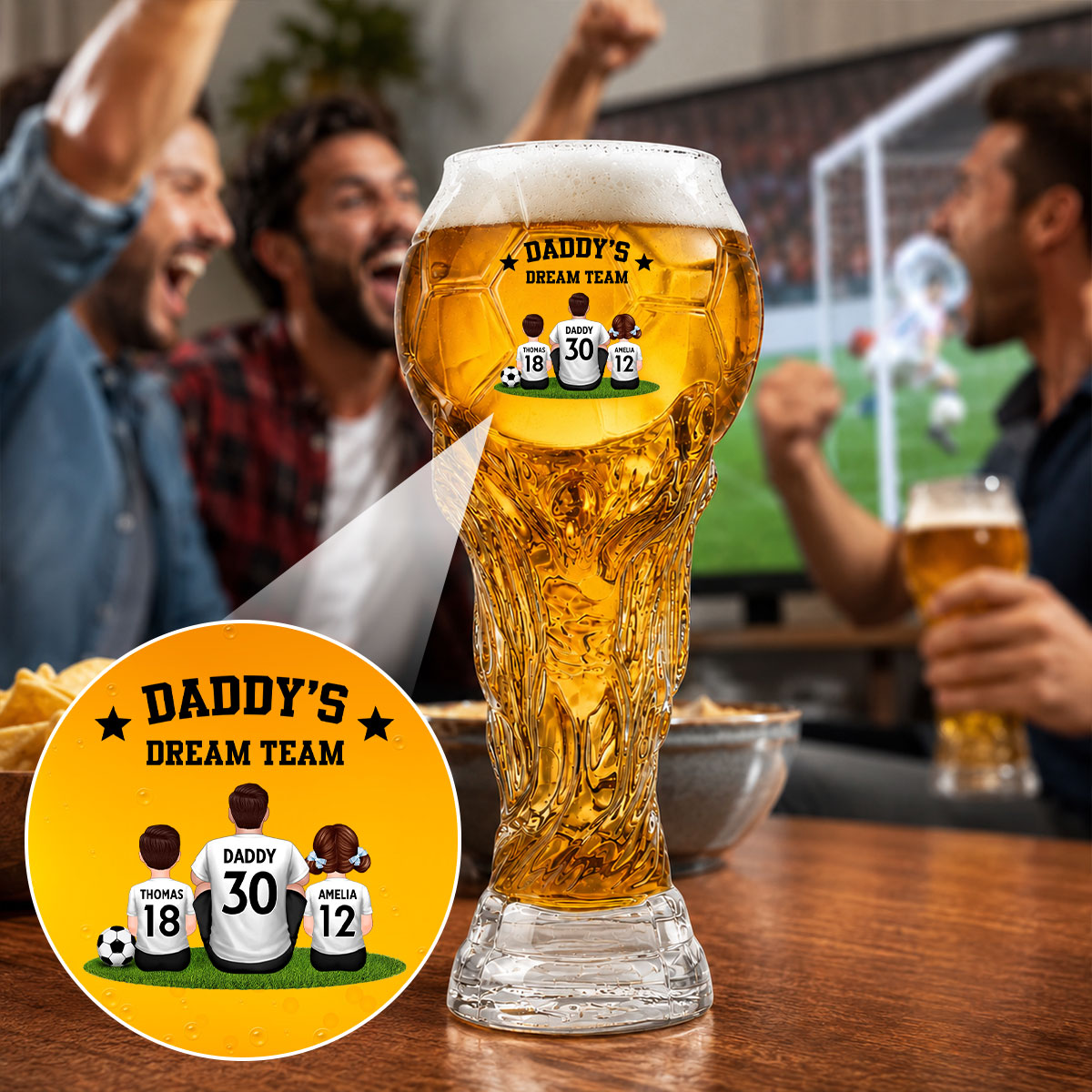 Daddy's Dream Team World Cup 2026 Football - Personalized Trophy Beer Glass - Match Day Beer Glass, Birthday Gift for Him, Gift for Dad