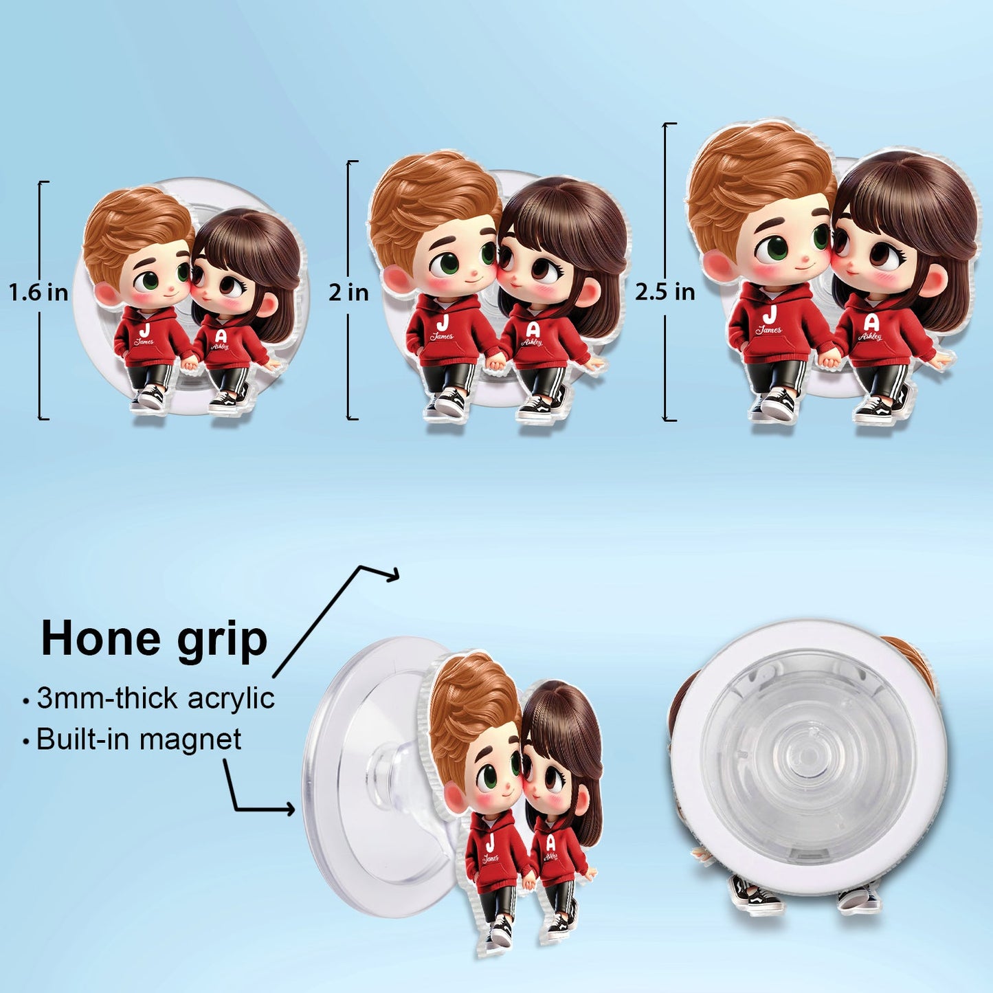 3D Effect Cute Cartoon Couple Holding Hands - Personalized Acrylic Magnetic Phone Grip - Matching Phone Grips for Couples