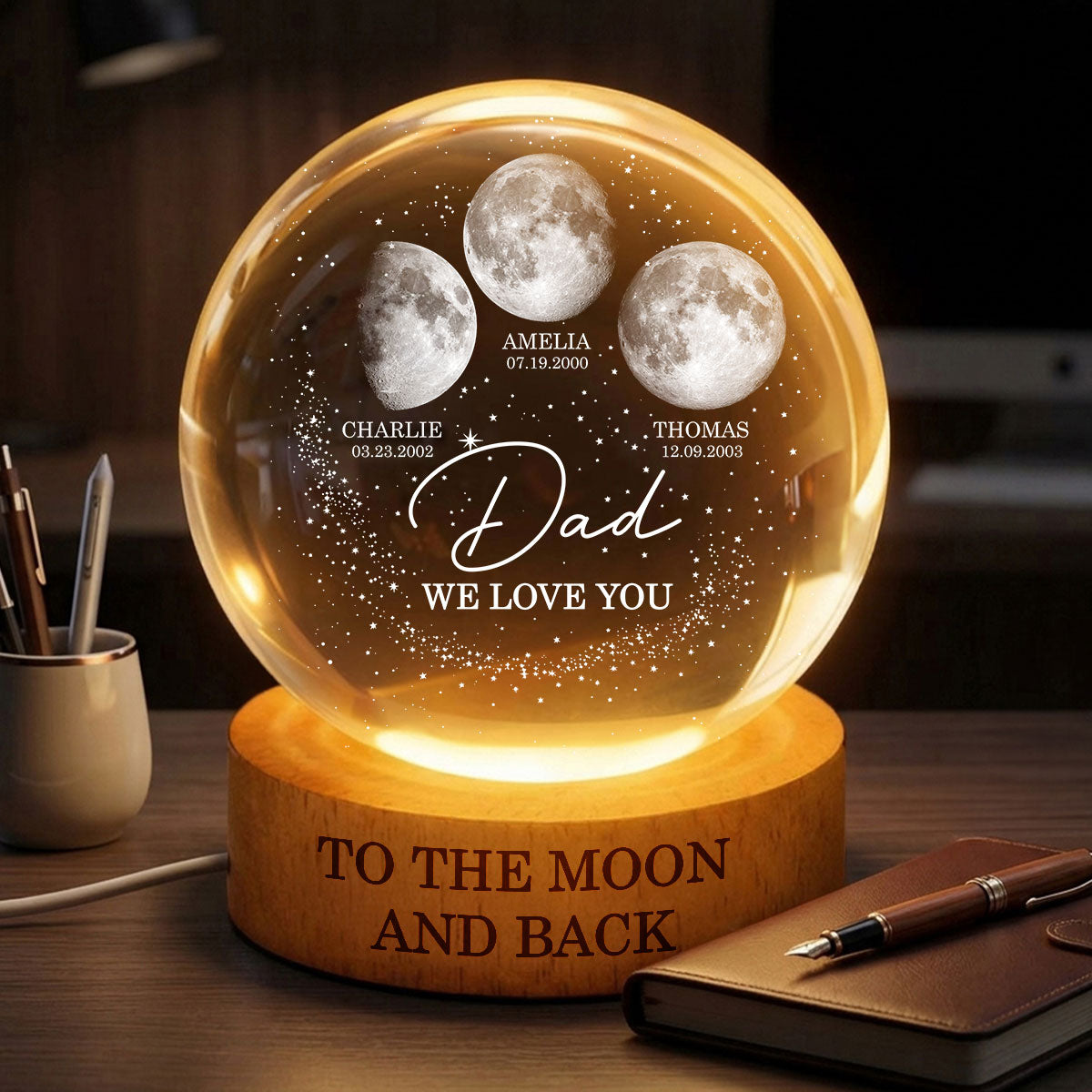 Love to the Moon and Back - Personalized Crystal Ball LED Night Light - Custom Moon Phase by Date,  Gift for Dad, Husband