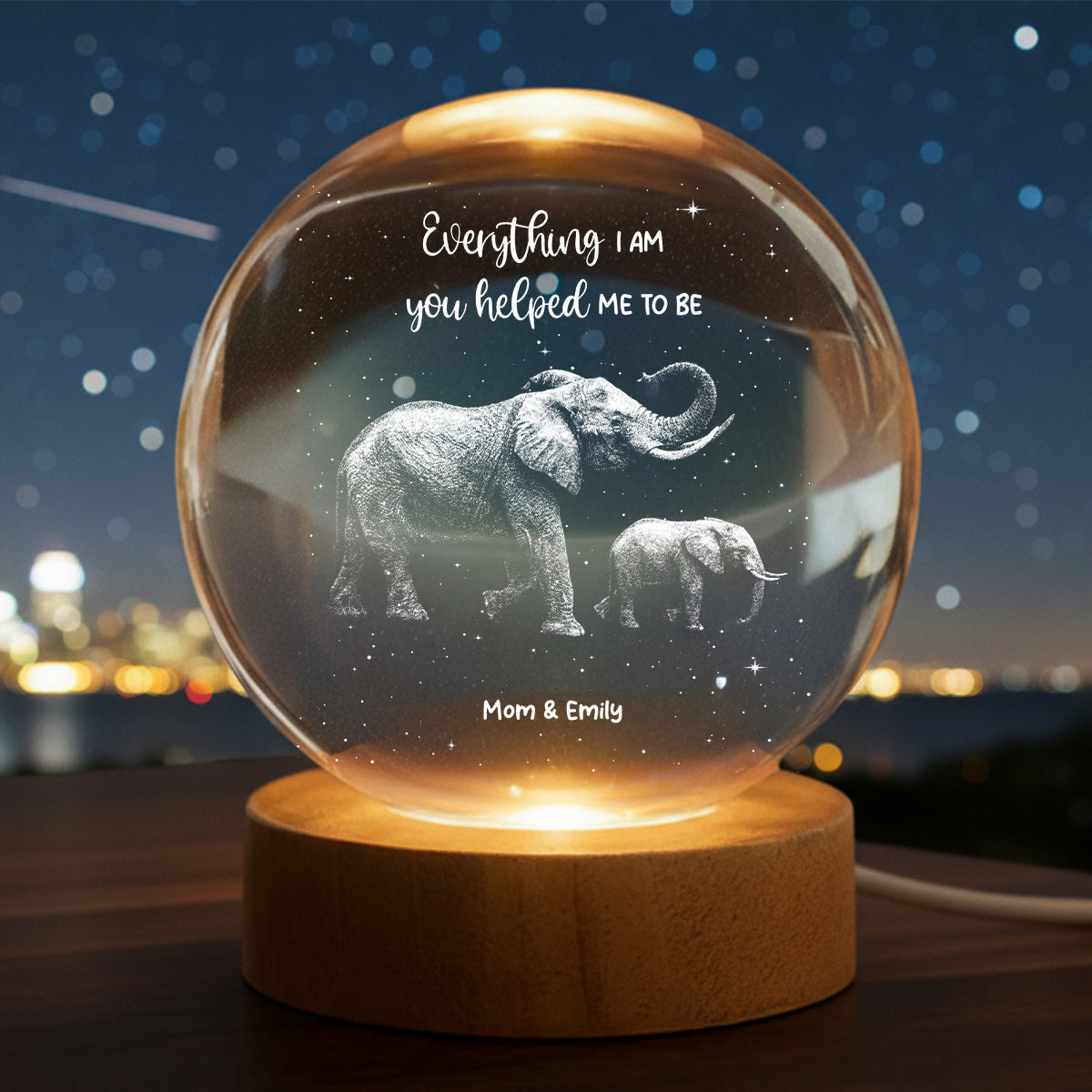 Everything I Am You Helped Me To Be Elephant - Personalized Crystal Ball LED Night Light - Birthday, Mother's Day Gift For Mom