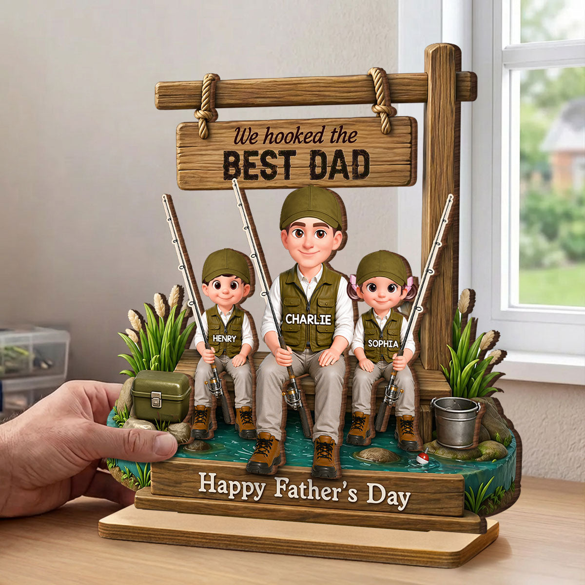 Best Moments Are Spent Together Fishing Dad Kids - Personalized 2-Layered Wooden Plaque - Heartfelt Gift For Fishing Dad, Gift For Husband