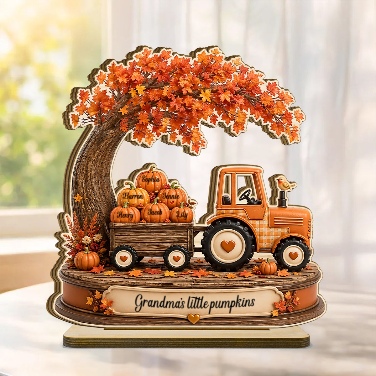 Grandma's Little Pumpkins Tracktor Autumn - Personalized 2-Layered Wooden Plaque - Fall Season Decor Gift, Gift For Grandma