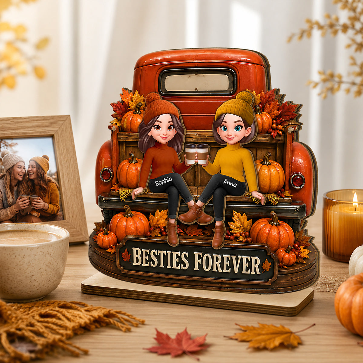 Besties Forever Fall Truck - Personalized 2-Layered Wooden Plaque - Fall Gift For Best Friends