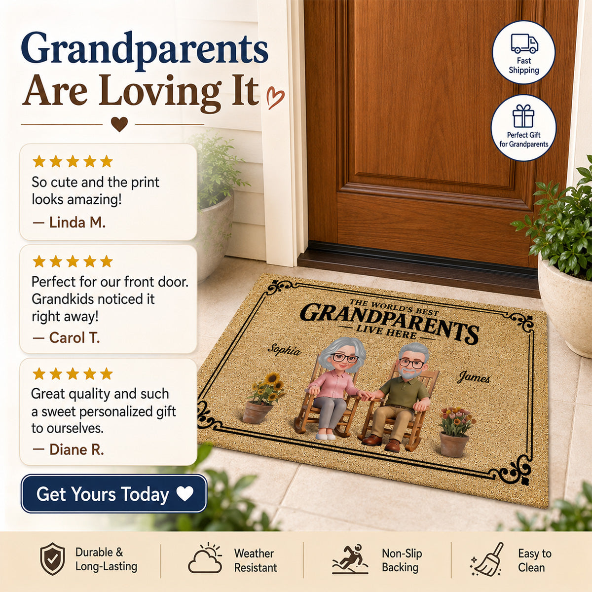 World's Best Grandparents Live Here - Personalized Doormat - Home Decor Gift, Grandkids Welcome Decorations