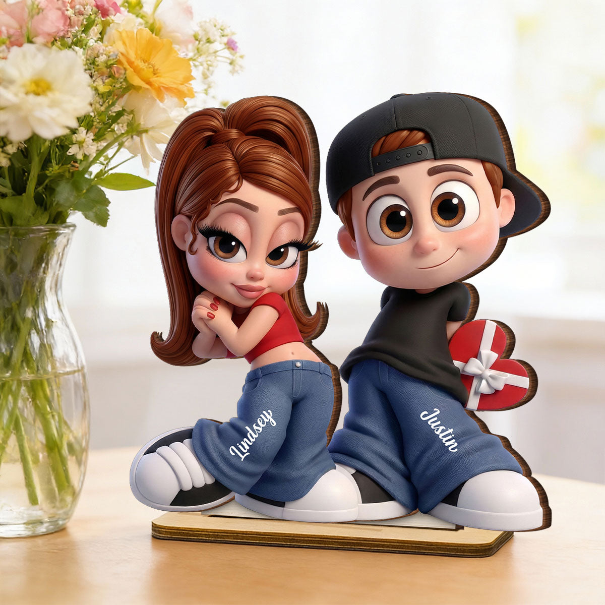 Y2K Couple 3D Cartoon Effect - Personalized Wooden Plaque - Sentimental Valentine's Day Gift for him, for her